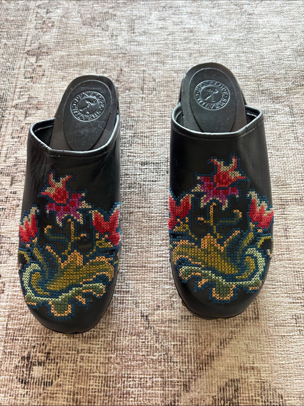 Penelope Chilvers Black Leather Mules with Multicolor Embroidered Floral Motif